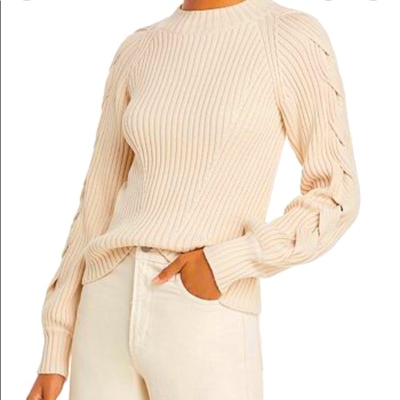 Aqua Braided Sleeve Cotton Sweater - Picture 1 of 5